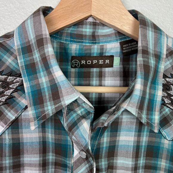 Roper Women's Large Plaid Print Embroidered Pearl Snap Western Shirt Long Sleeve - Picture 4 of 9